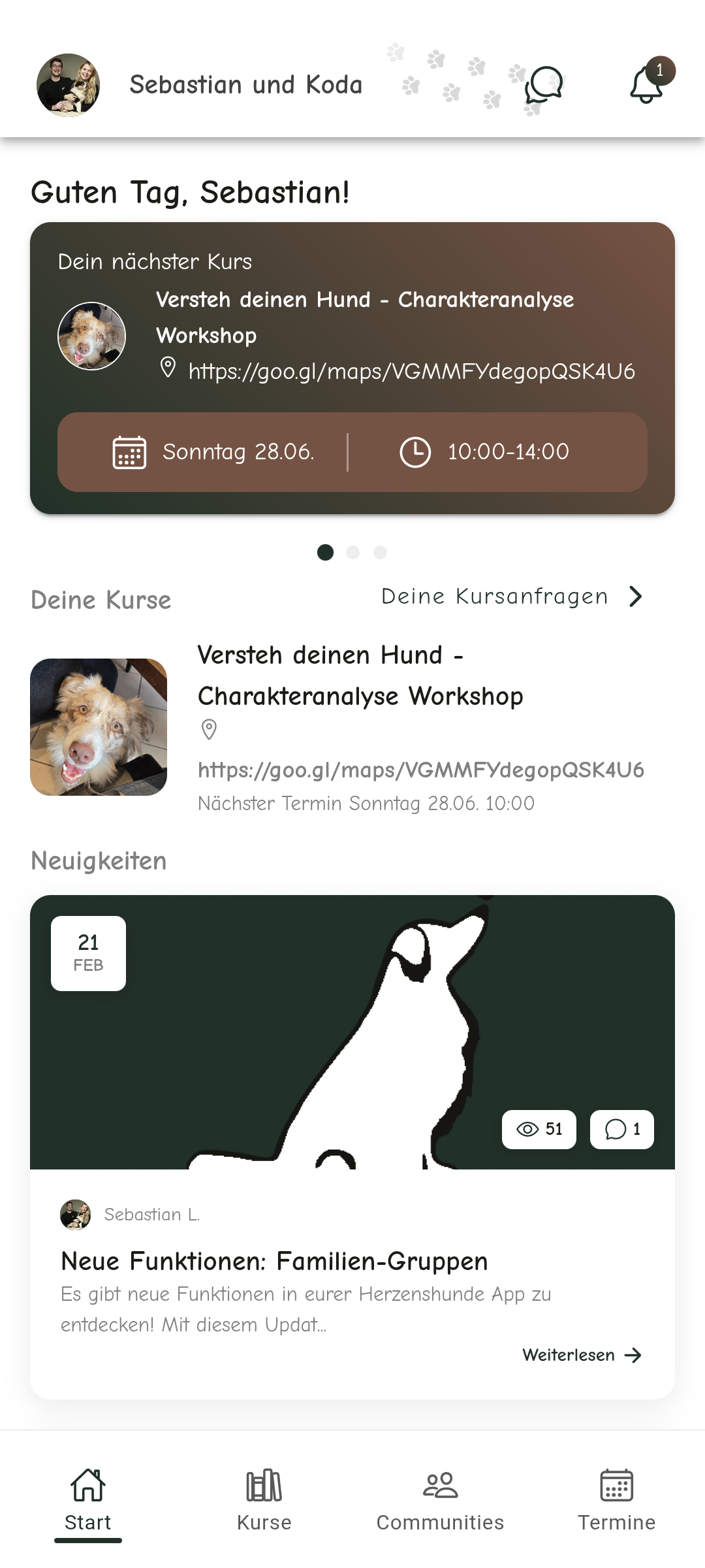 Herzenshunde Hundeschul-App Startseite