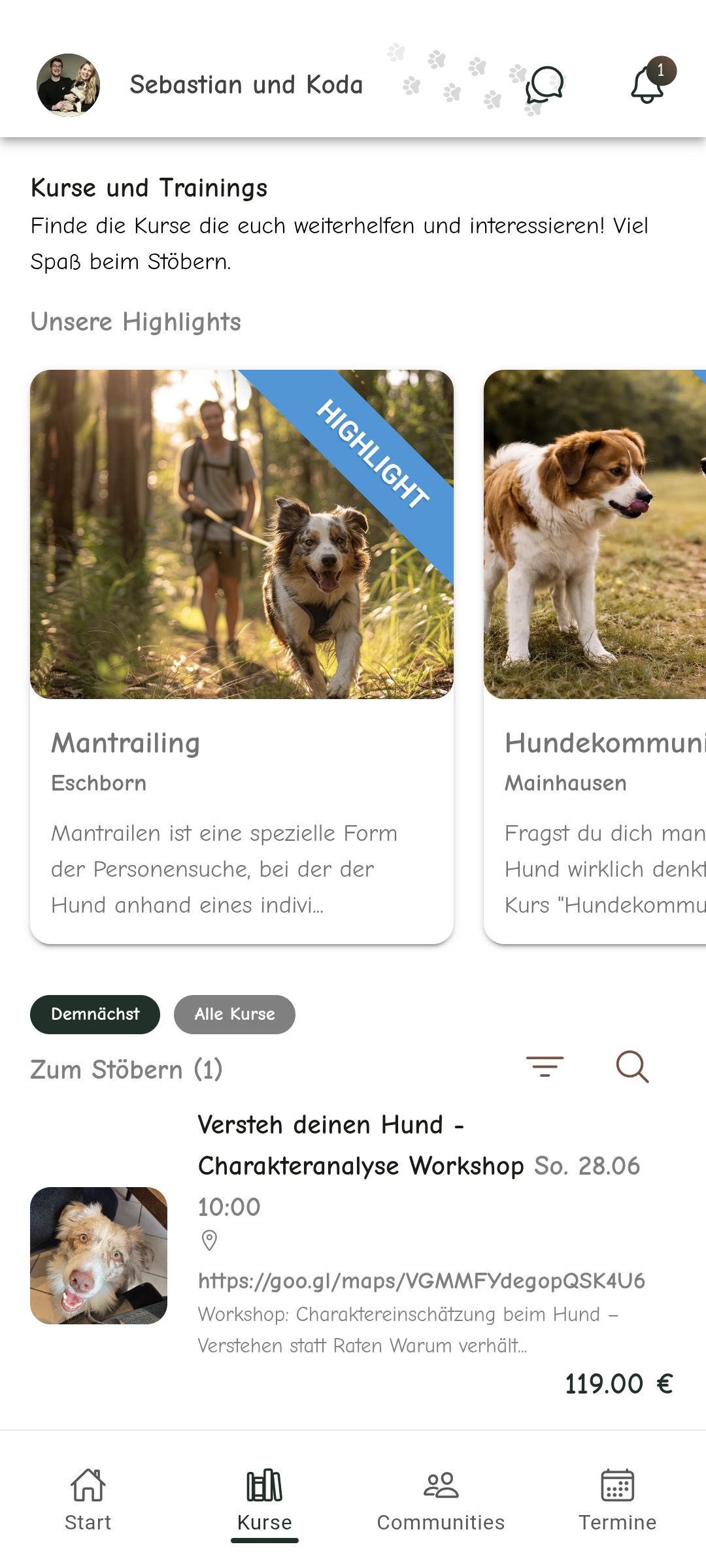 Kursverwaltung und Buchungen in der Herzenshunde App
