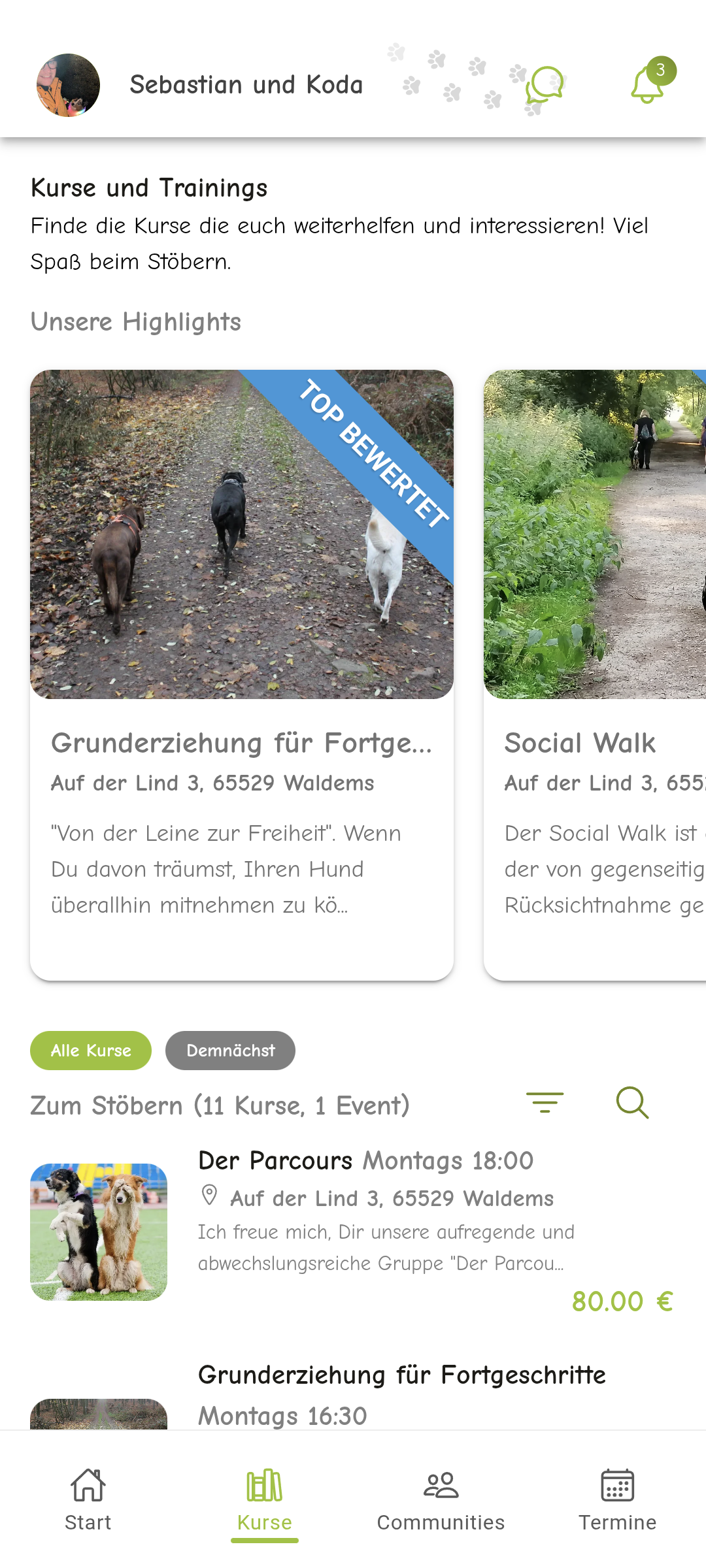 Kursverwaltung und Buchungen in der Top Dogs Hundeschul-App
